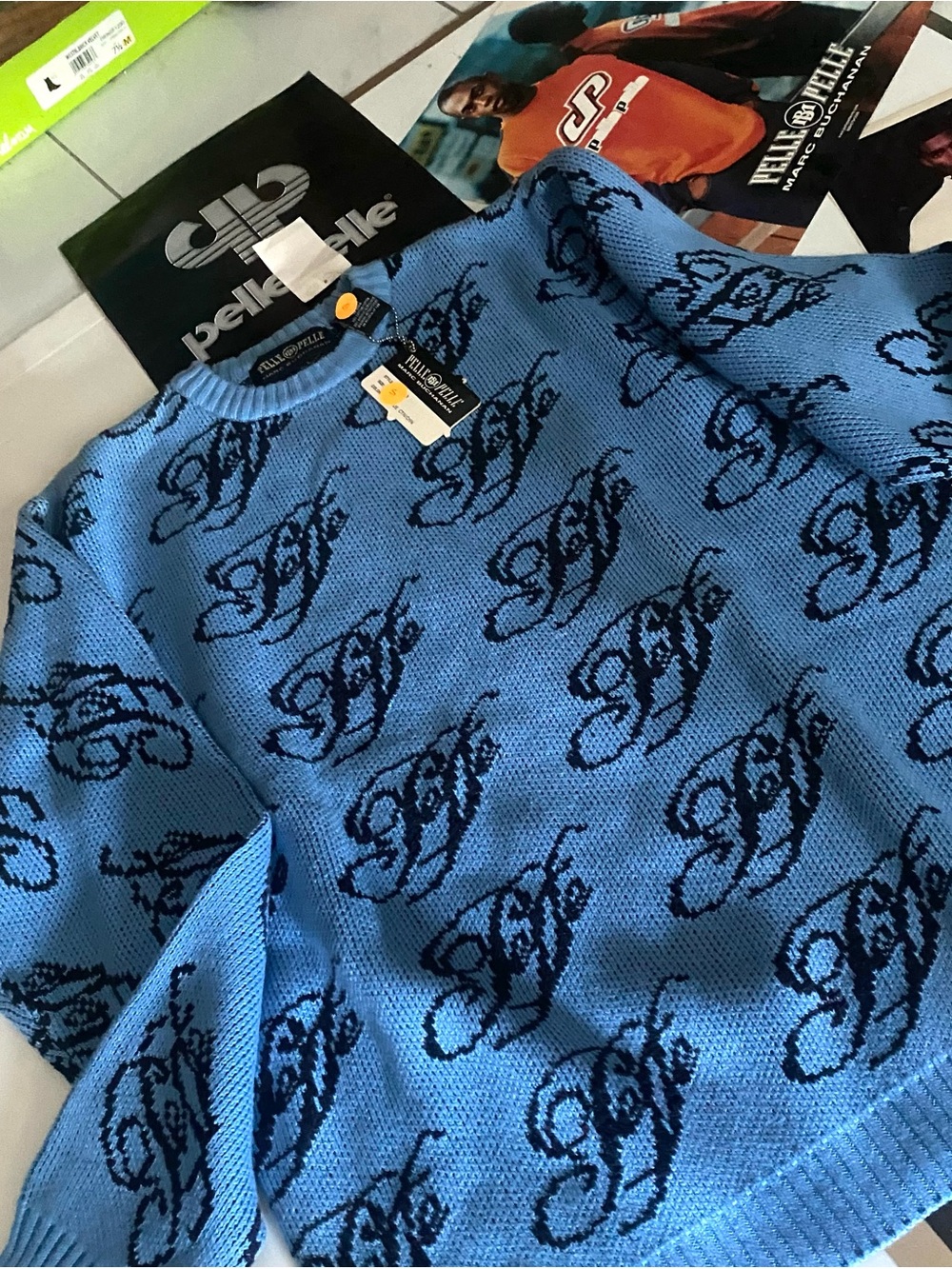 Pelle Pelle Light Blue Crewneck Sweater with Navy Script Logo - Picture 4 of 7